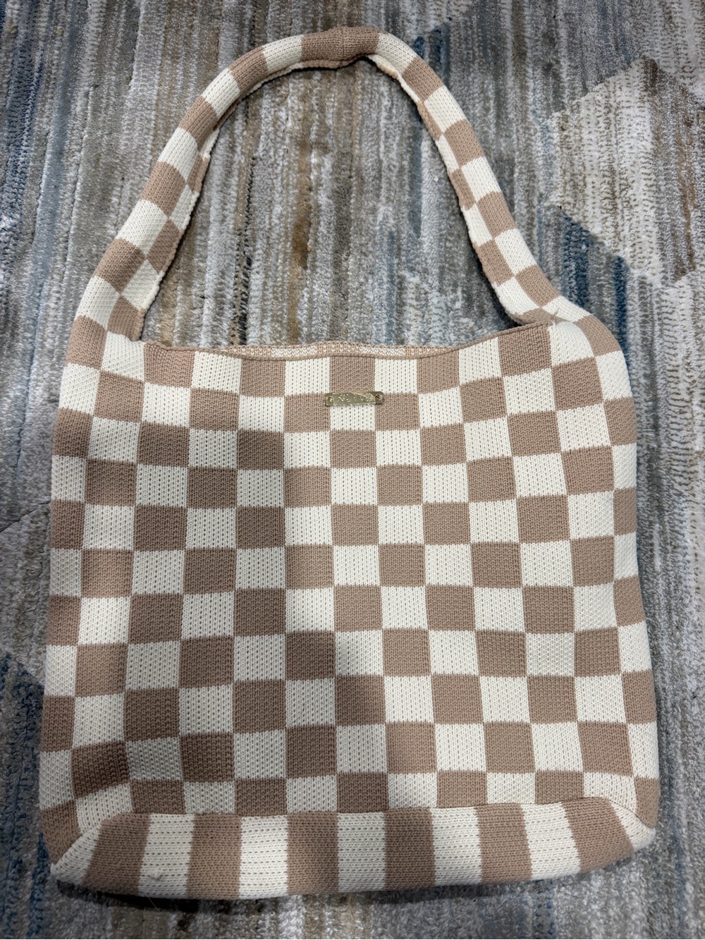 Cream and Tan Checker Knit Shoulder Bag